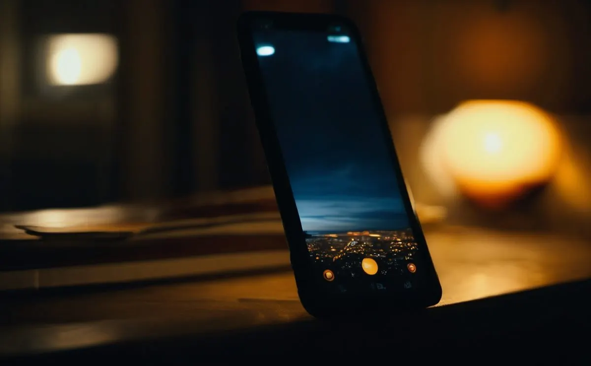 Téléphone posé dans le noir, écran allumé, ambiance de méfiance