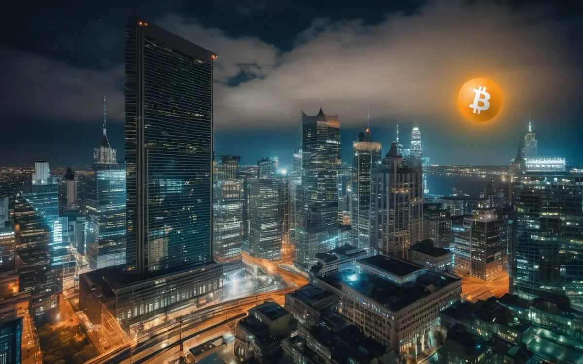 Quartier d'affaires la nuit, la pleine lune remplacée par un bitcoin lumineux