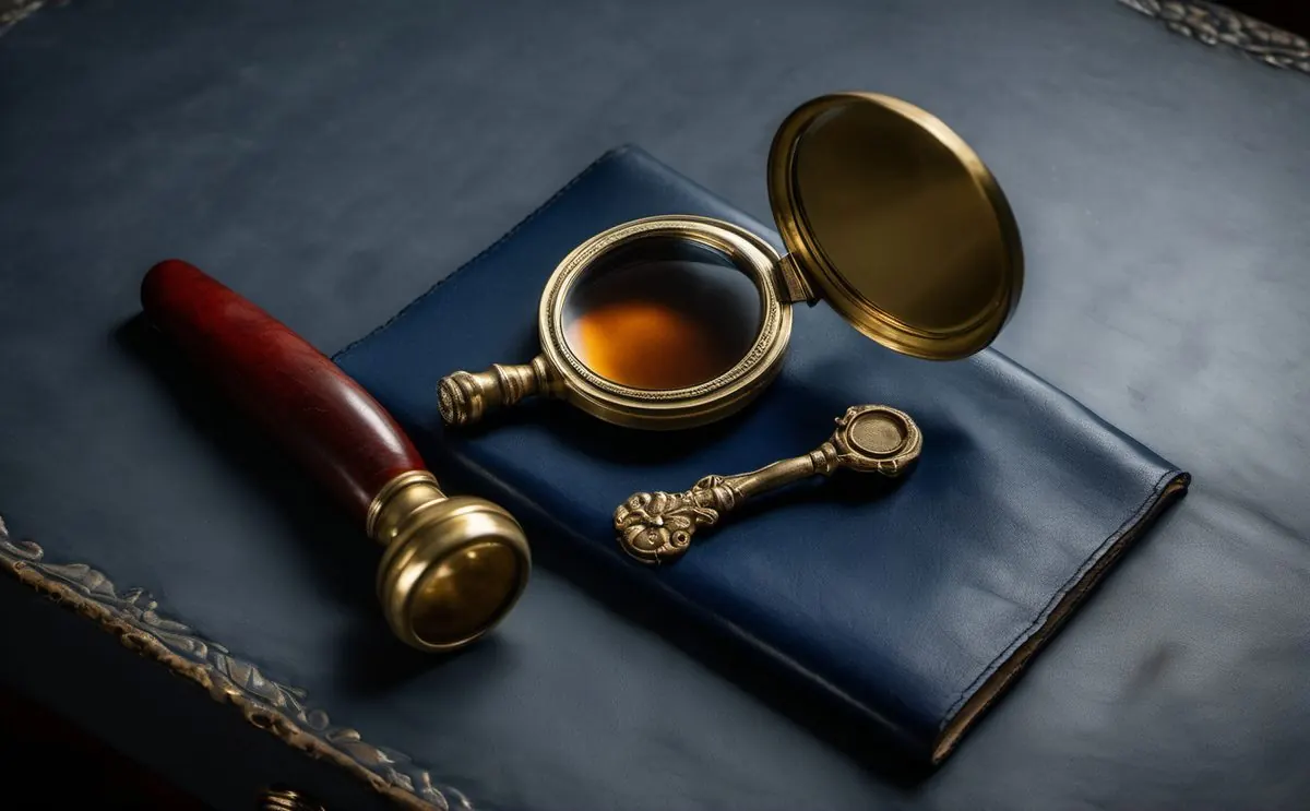 Loupe en laiton posée sur un porte-documents en cuir bleu, image de la vérification