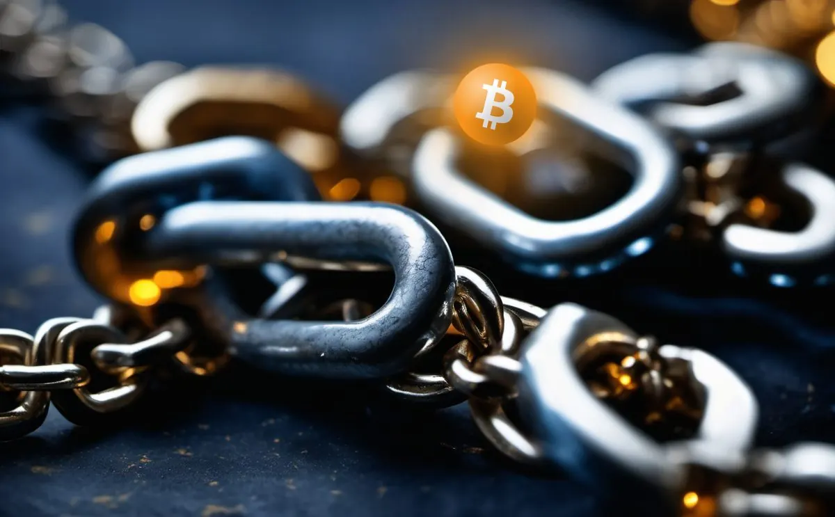 Maillons d'une chaîne en acier, un bitcoin lumineux pris dans un maillon