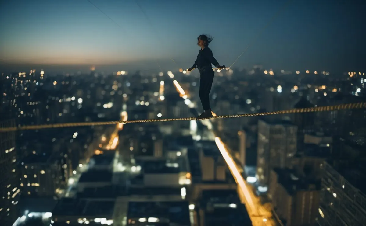 Funambule sur un fil tendu entre deux toits, au-dessus de la ville la nuit