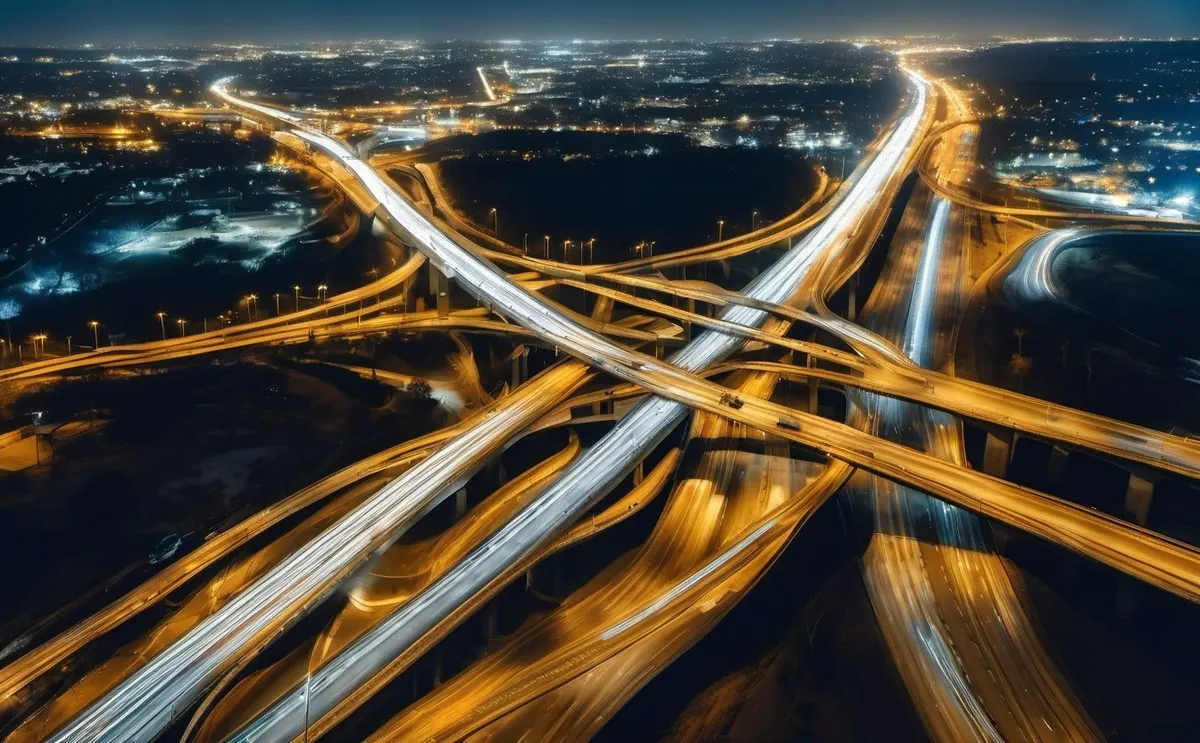Échangeur autoroutier de nuit saturé de traînées de phares, image d'un réseau encombré