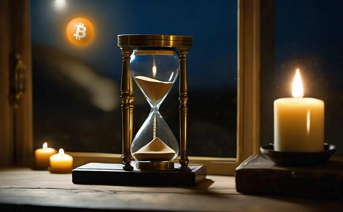 Sablier en laiton devant une fenêtre de nuit où brille un bitcoin à la place de la lune