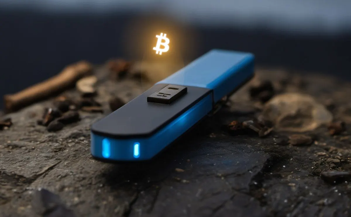 Portefeuille matériel posé sur la pierre, le symbole du bitcoin flotte au-dessus en lumière