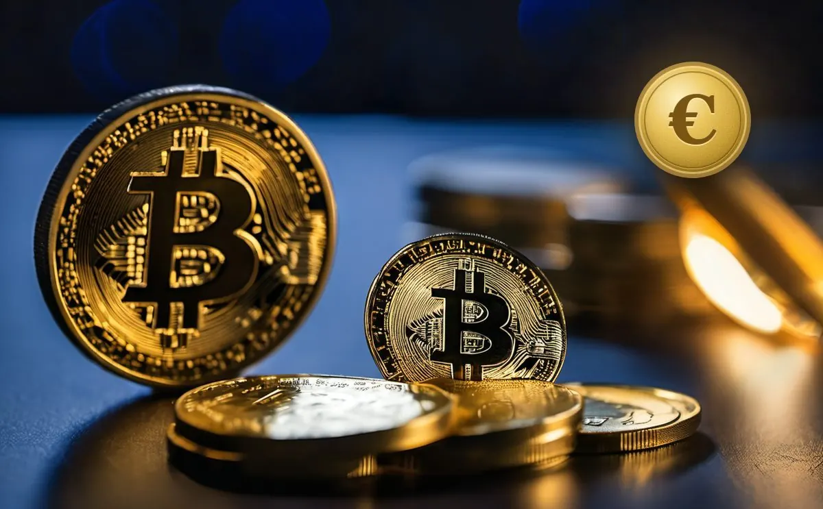 Pièces de bitcoin dorées et pièce frappée du symbole euro, sous une lampe