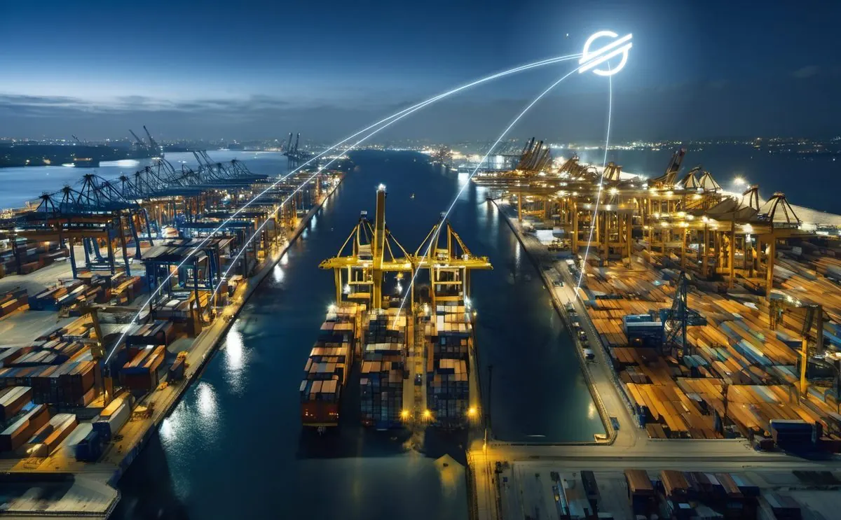 Port à conteneurs de nuit, des traits de lumière partent vers le logo Stellar dans le ciel