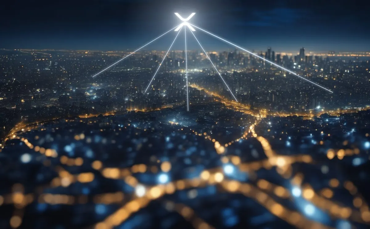 Logo XRP lumineux au-dessus d'une ville de nuit, relié à ses lumières comme un réseau