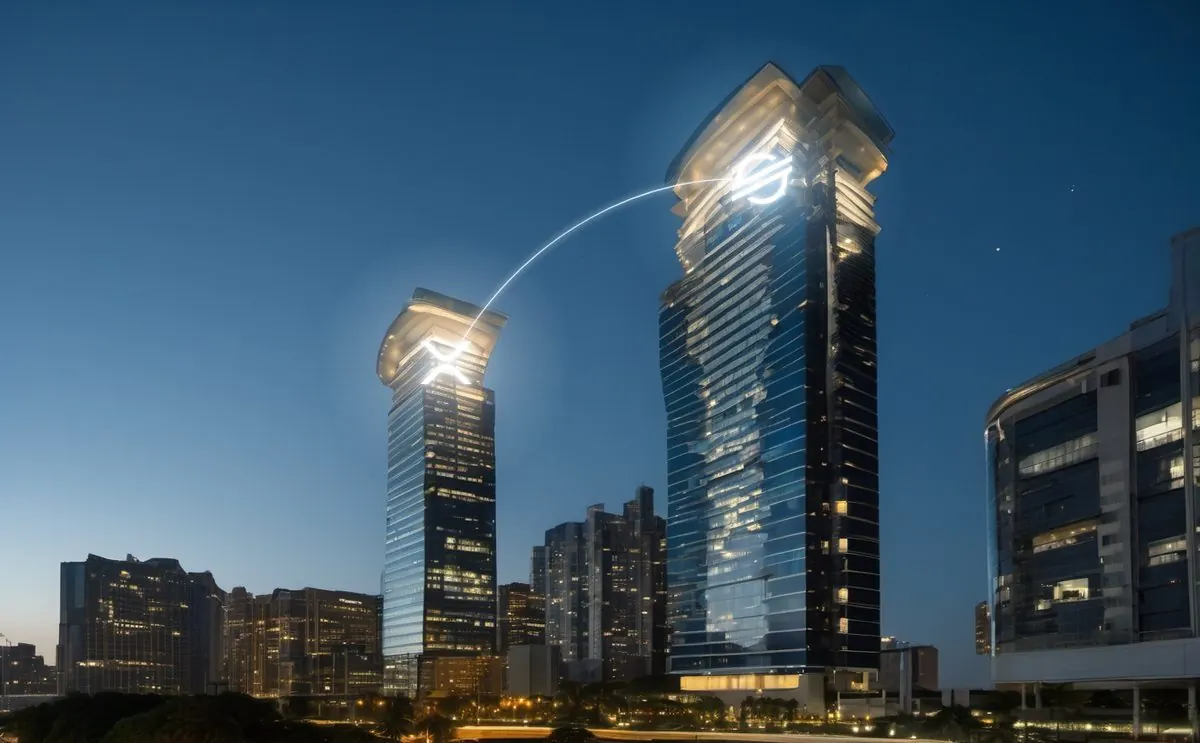 Deux tours de verre la nuit, enseignes XRP et Stellar reliées par un arc de lumière